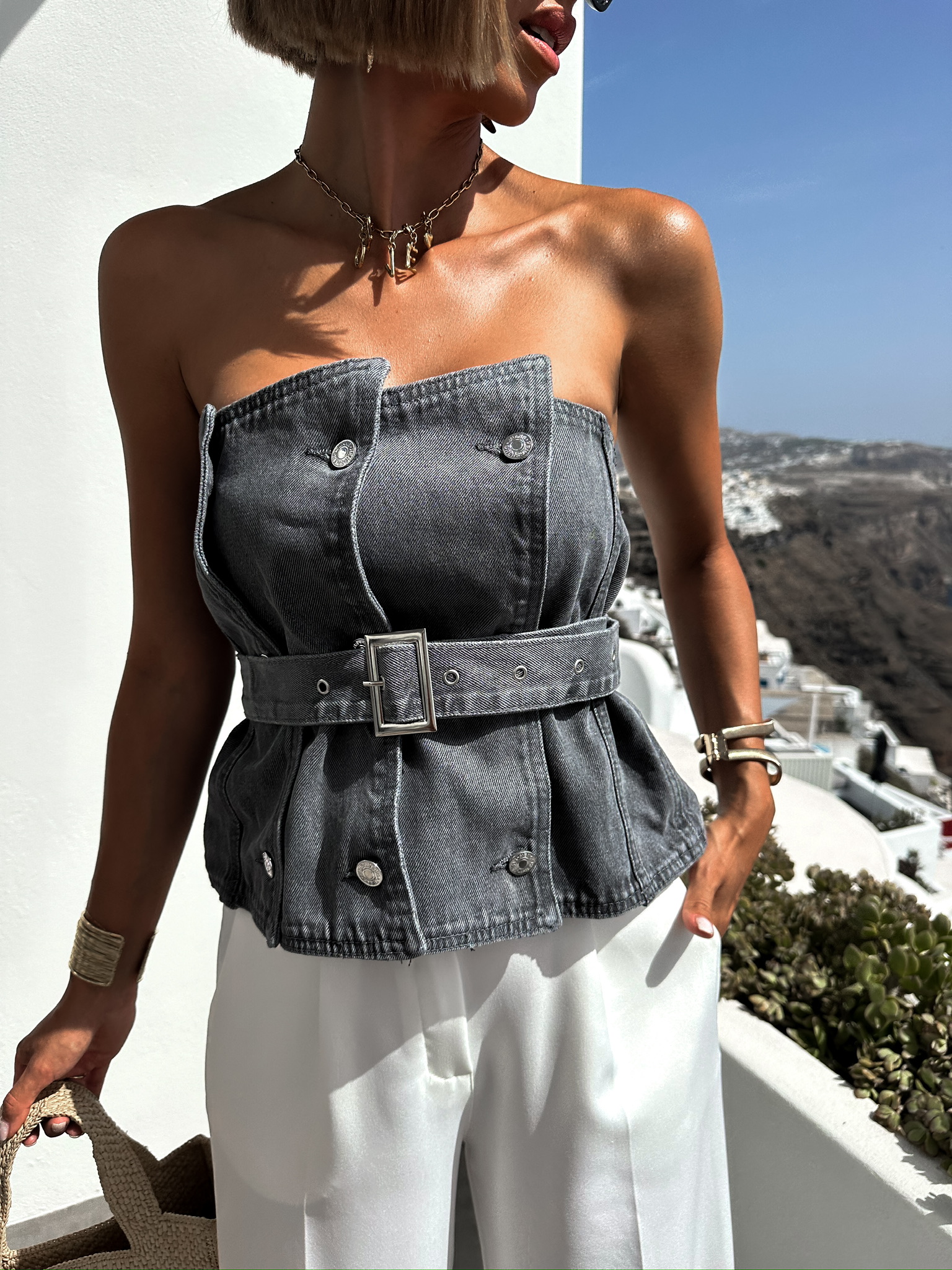 Černý džínový korzet VELVET s páskem Velikost: ONESIZE