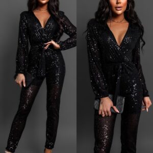 Černý elegantní overal OCEANOS s flitry Velikost: ONESIZE