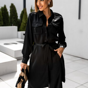 Černý elegantní saténový kalhotový komplet RAEKA Velikost: S/M