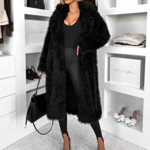 Černý faux fur dlouhý kožešinový kabát HOAIN Velikost: M/L