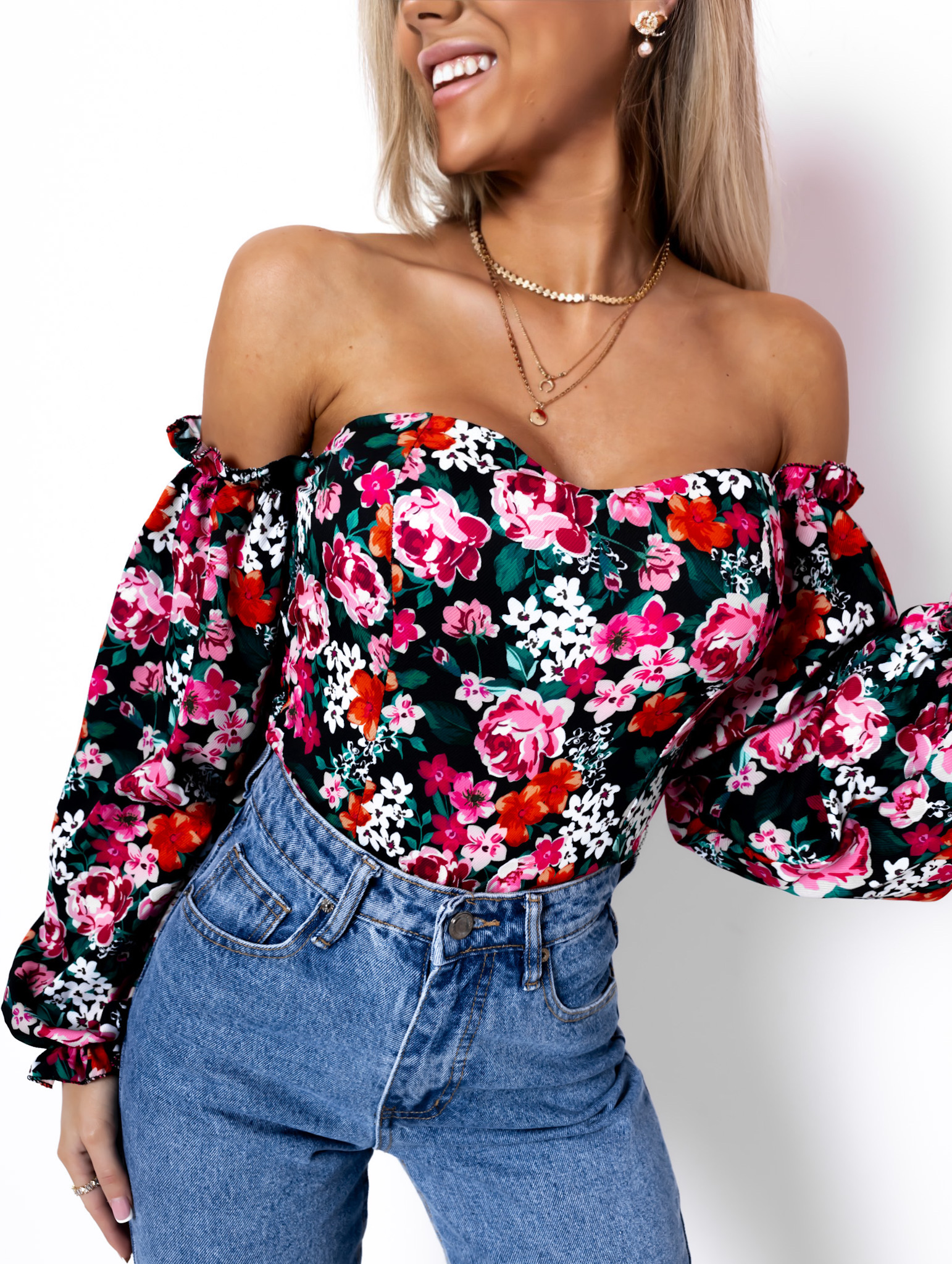 Černý květovaný elegantní top LATERAL