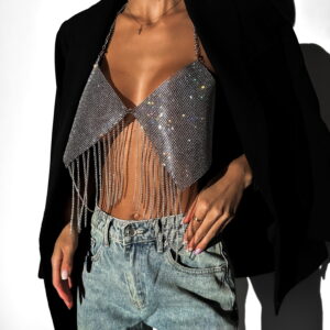 Černý třpytivý flitrový top SELMAR s kamínky Velikost: ONESIZE