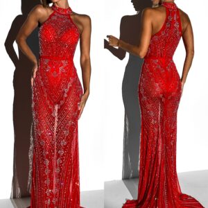 Červené dlouhé třpytivé večerní šaty FARMER s kamínky Velikost: L