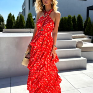 Červené dlouhé volánkové šaty XOXITL Velikost: ONESIZE