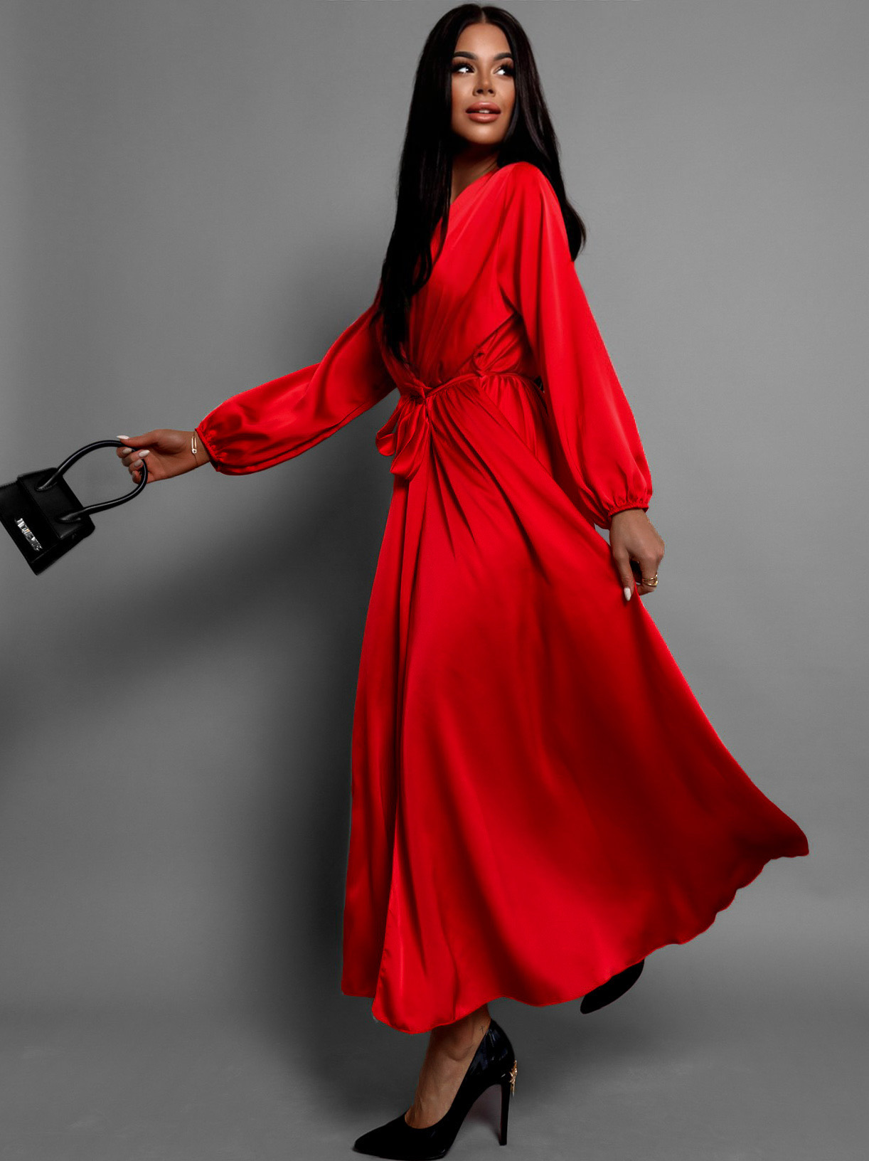 Červené elegantní šaty WOMAN s dlouhým rukávem - Obrázek 2