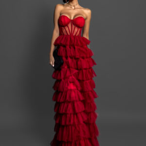 Červené korzetové šaty ARIADNA s volánky Velikost: L