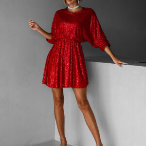 Červené krátké vypasované flitrované šaty HELION Velikost: ONESIZE