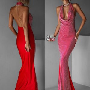 Červené třpytivé dlouhé šaty CESARA s odhalenými zády Velikost: M/L