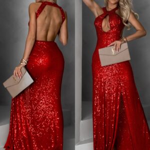 Červené večerní dlouhé šaty AROGANTISEL s flitry Velikost: ONESIZE