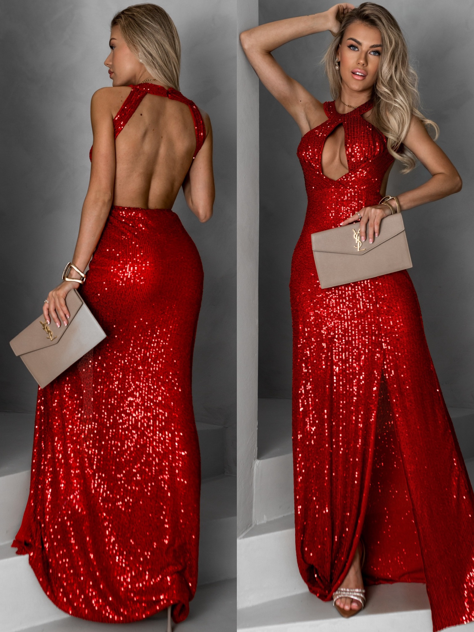 Červené večerní dlouhé šaty AROGANTISEL s flitry Velikost: ONESIZE