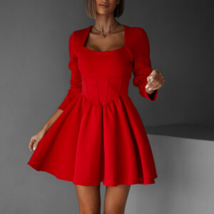 Červené vypasované šaty QUANG s dlouhým rukávem Velikost: M/L