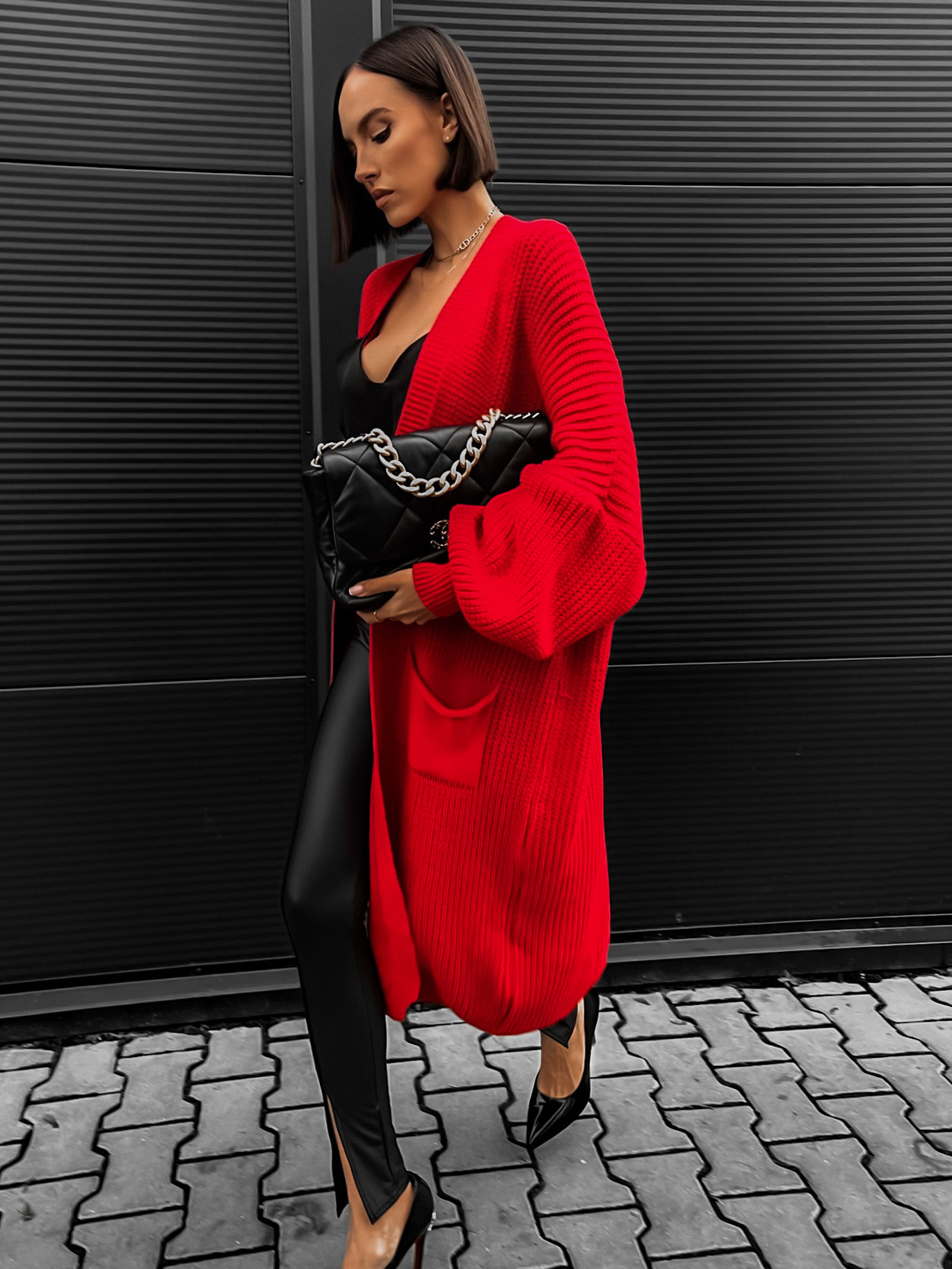 Červený cardigan SENTENCE otevřeného střihu - Obrázek 2