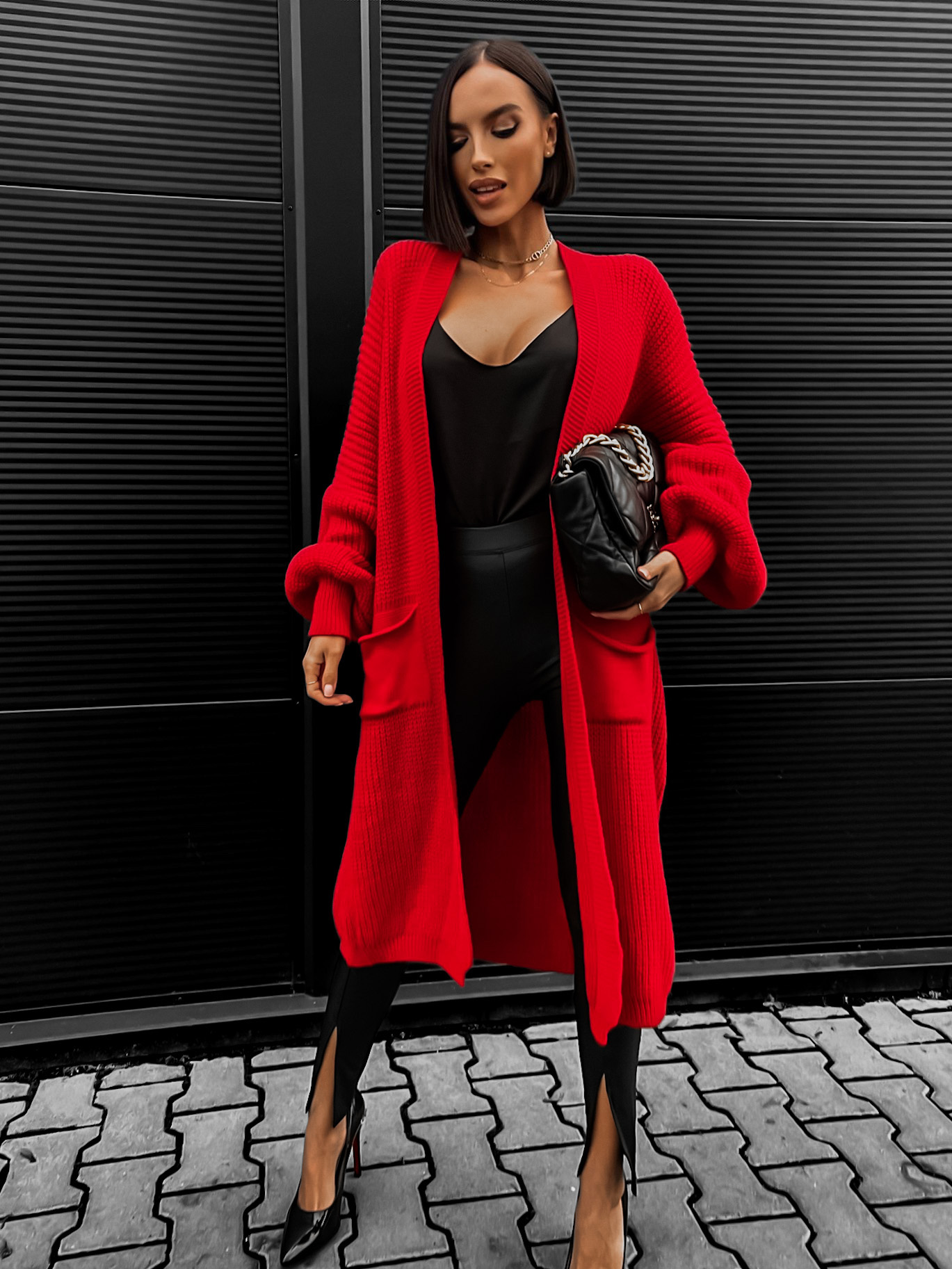 Červený cardigan SENTENCE otevřeného střihu - Obrázek 3