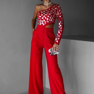 Červený elegantní overal EDIVAD na jedno rameno Velikost: L