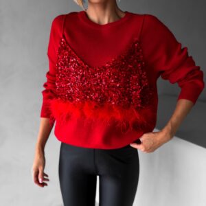 Červený flitrový svetřík HAIEC s peříčky Velikost: ONESIZE