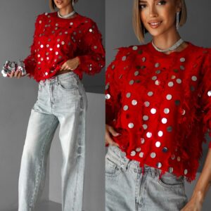 Červený oversize třpytivý svetr ANETTY s flitry Velikost: ONESIZE