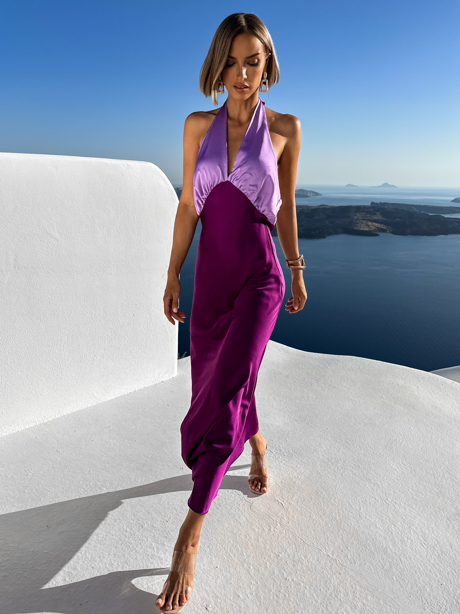 Fialové dlouhé elegantní šaty JOLIED na zavázání kolem krku Velikost: ONESIZE - Obrázek 2