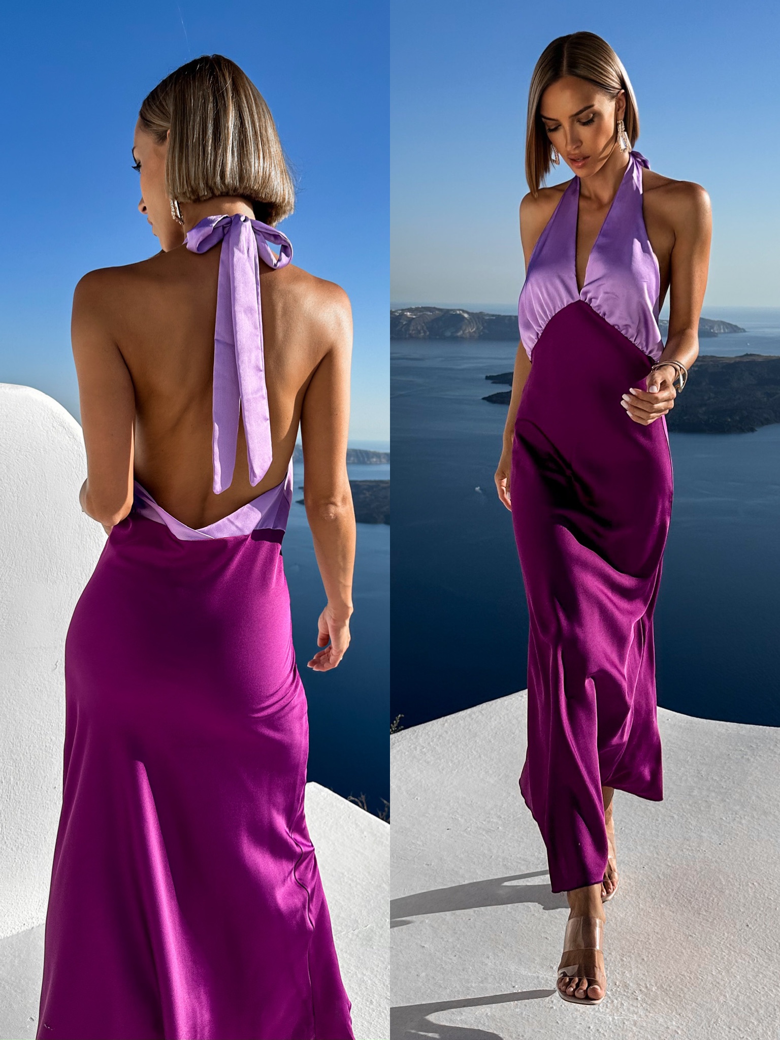 Fialové dlouhé elegantní šaty JOLIED na zavázání kolem krku Velikost: ONESIZE