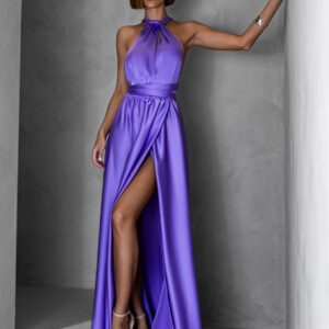 Fialové lesklé šaty VALERDI s variabilním vázáním a rozparkem Velikost: ONESIZE