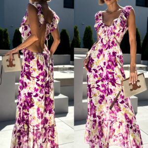 Fialové zeštíhlující dlouhé šaty SIGRID s volánky Velikost: ONESIZE