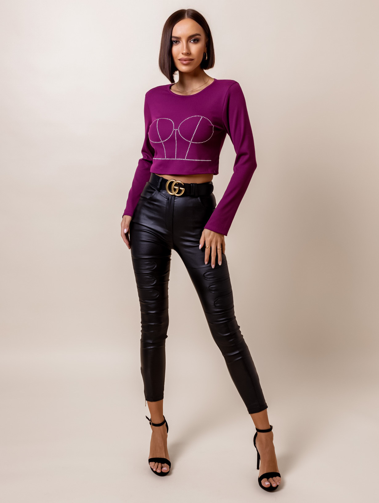 Fialový crop top AFRA s kamínky Velikost: ONESIZE - Obrázek 3