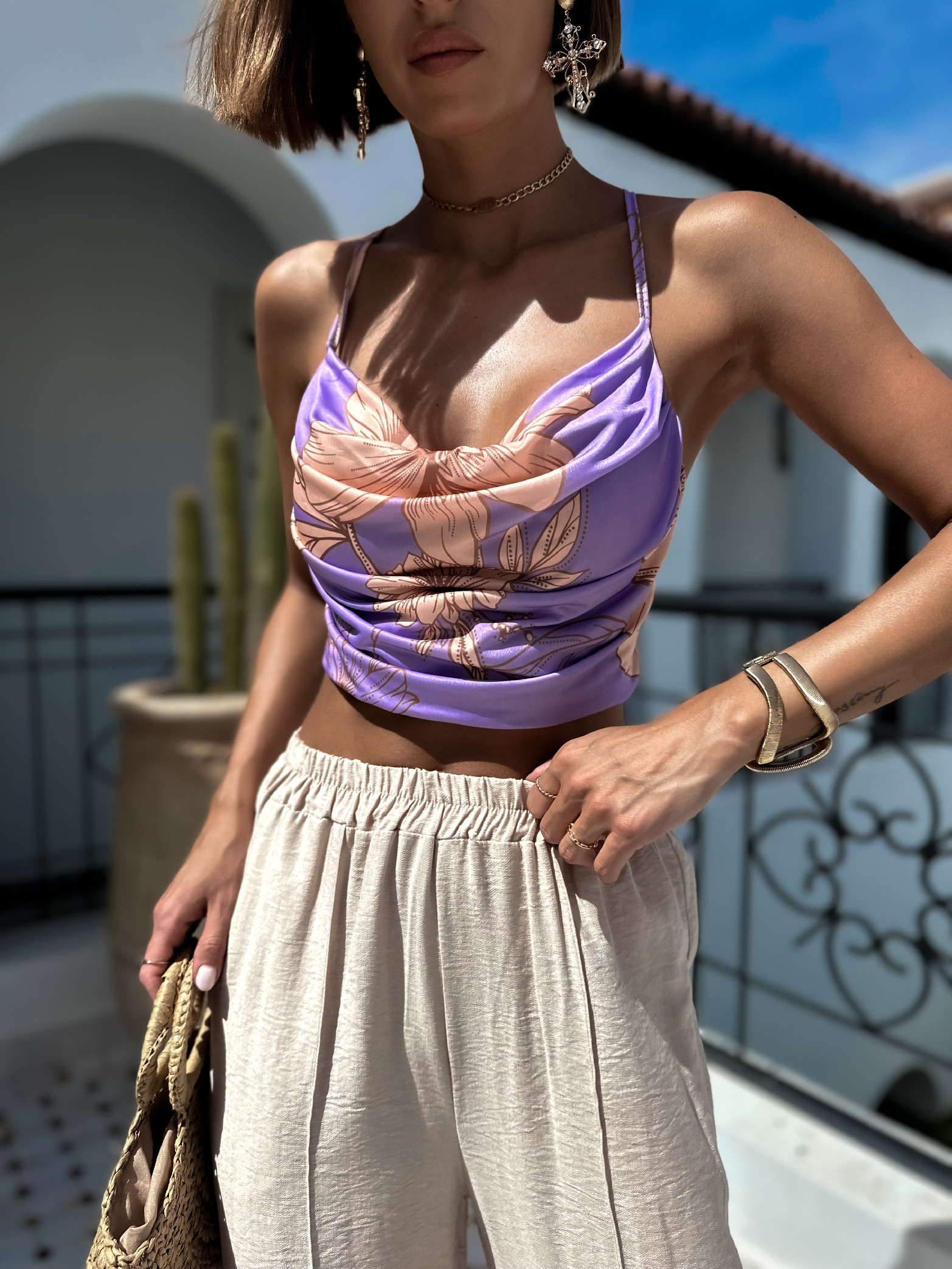 Fialový květovaný crop top ESLI Velikost: ONESIZE