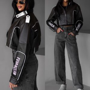 Hnědá koženková biker moto bunda BRUNHILA Velikost: ONESIZE