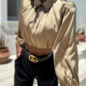 Hnědá lesklá elegantní halenka VASEL s límečkem Velikost: S