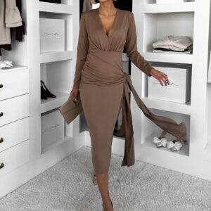 Hnědé dlouhé elegantní šaty AUTIS se zavazováním Velikost: ONESIZE