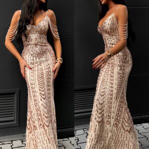 Hnědé dlouhé plesové šaty PILOTE s flitry Velikost: L