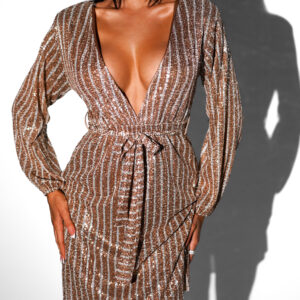 Hnědé krátké flitrované šaty LEVELY s výstřihem Velikost: ONESIZE