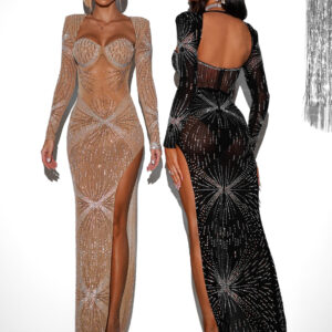 Hnědé večerní luxusní třpytivé šaty JAZUCI s rozparkem a body Velikost: L