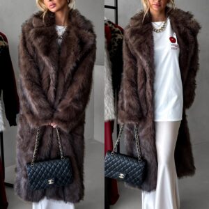 Hnědý dlouhý fauxfur kožešinový kabát KINKA Velikost: M/L