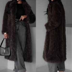 Hnědý faux fur dlouhý kožešinový kabát HOAIN Velikost: M/L