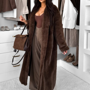 Hnědý faux fur dlouhý kožešinový plyšový kabát MINHA Velikost: ONESIZE