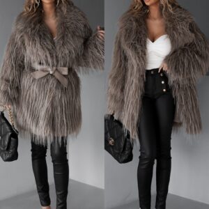 Hnědý faux fur kožešinový delší kabátek ALBERTO s páskem Velikost: S/M