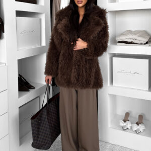 Hnědý faux fur kožešinový kabát CAMTU Velikost: M/L