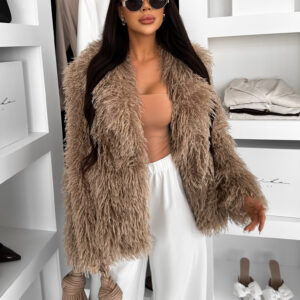 Hnědý faux fur kožešinový krátký kabátek HIENO Velikost: ONESIZE