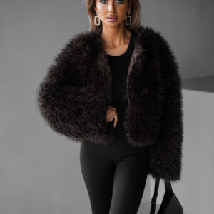 Hnědý faux fur krátký kožešinový kabátek KOLODA Velikost: M/L