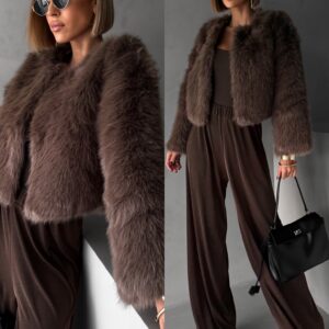 Hnědý krátký faux fur kožešinový kabátek ANNELIT Velikost: M/L