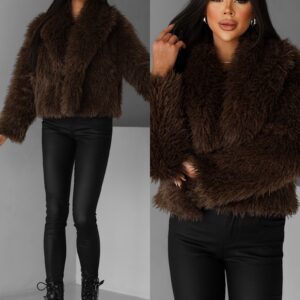 Hnědý krátký faux fur kožešinový kabátek BIHARY Velikost: M/L