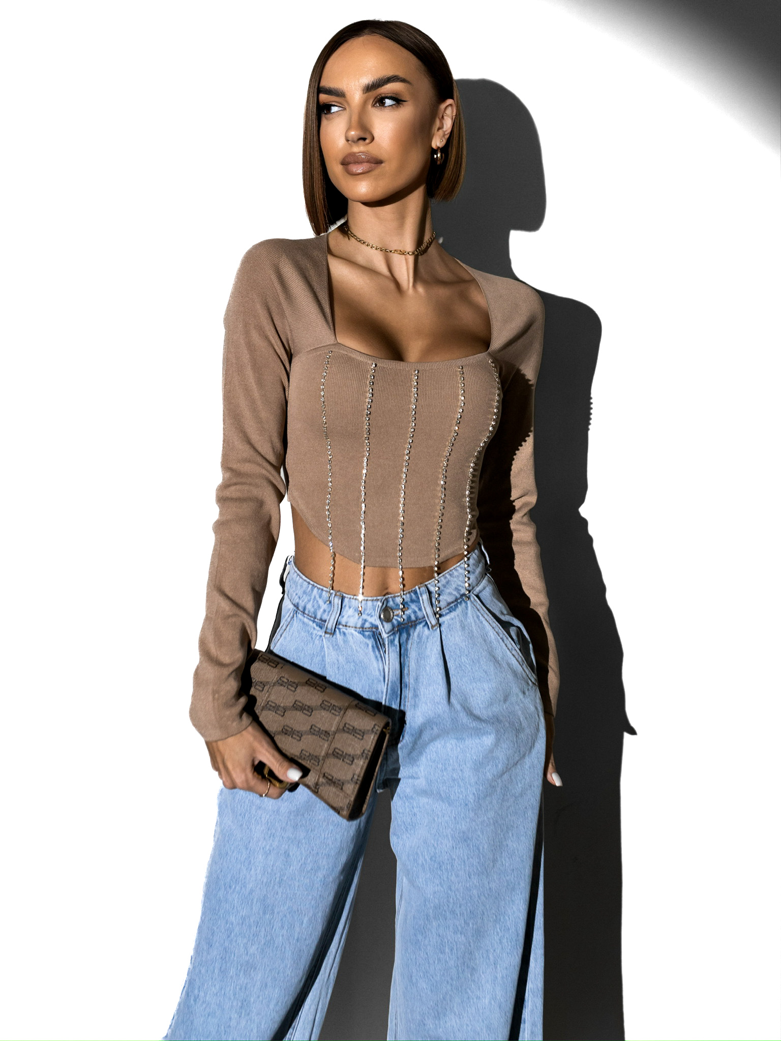 Hnědý top MANYA s kamínky Velikost: ONESIZE - Obrázek 2