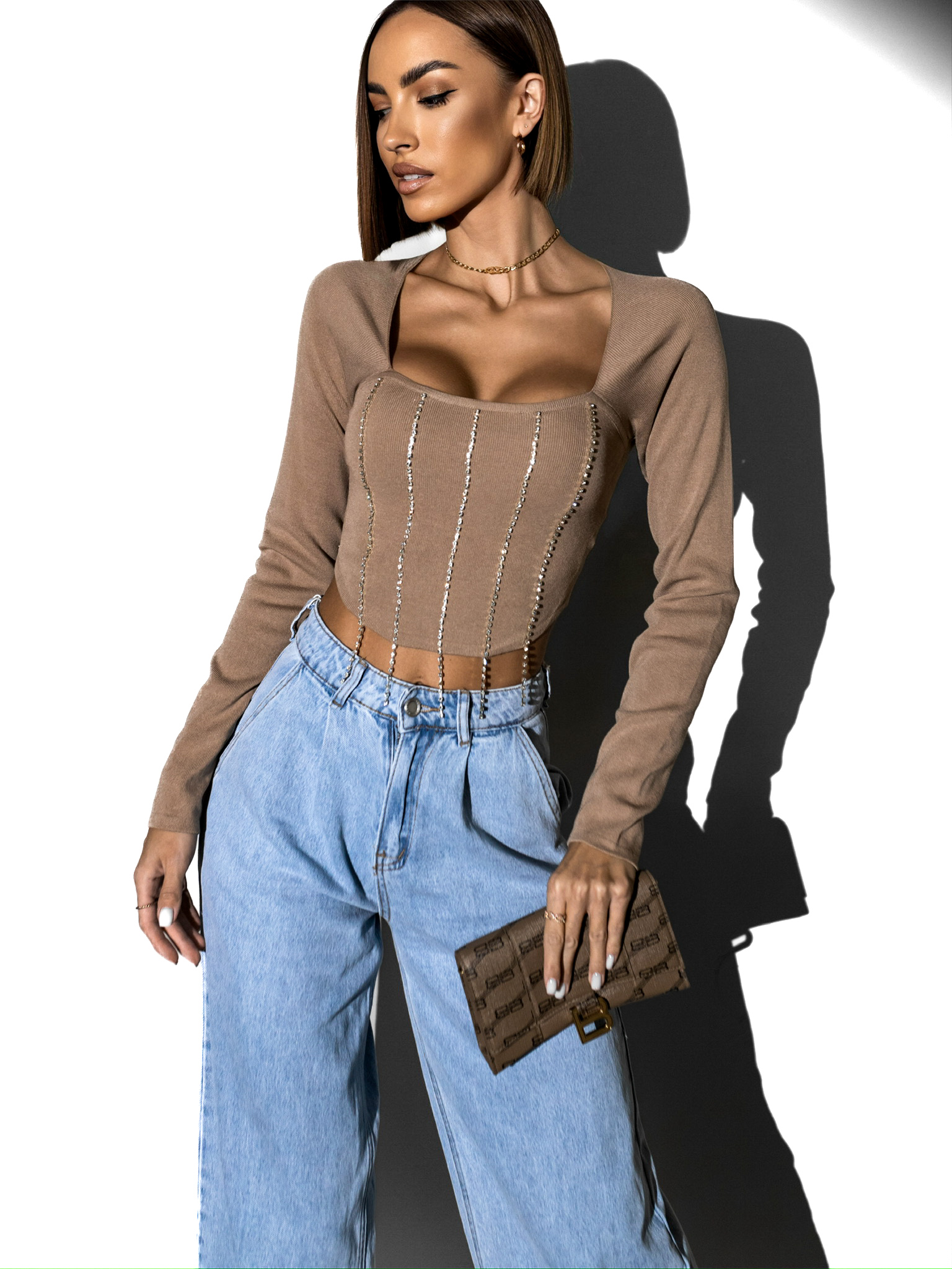 Hnědý top MANYA s kamínky Velikost: ONESIZE - Obrázek 3