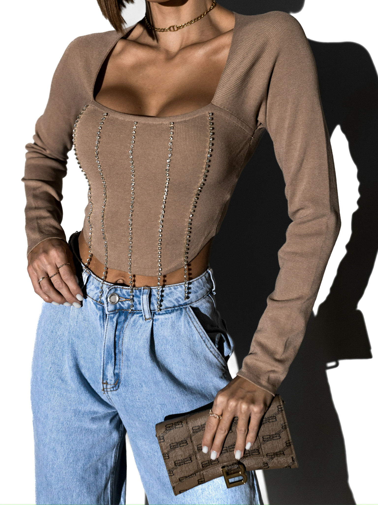 Hnědý top MANYA s kamínky Velikost: ONESIZE