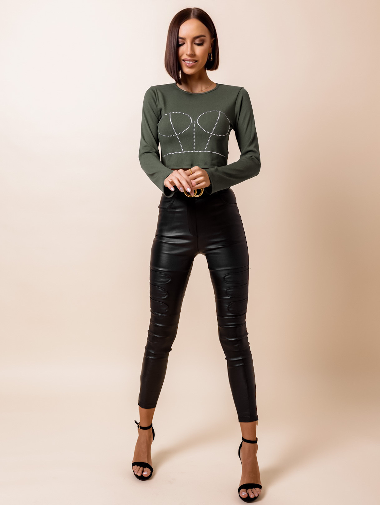 Khaki crop top AFRA s kamínky Velikost: ONESIZE - Obrázek 2