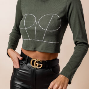 Khaki crop top AFRA s kamínky Velikost: ONESIZE