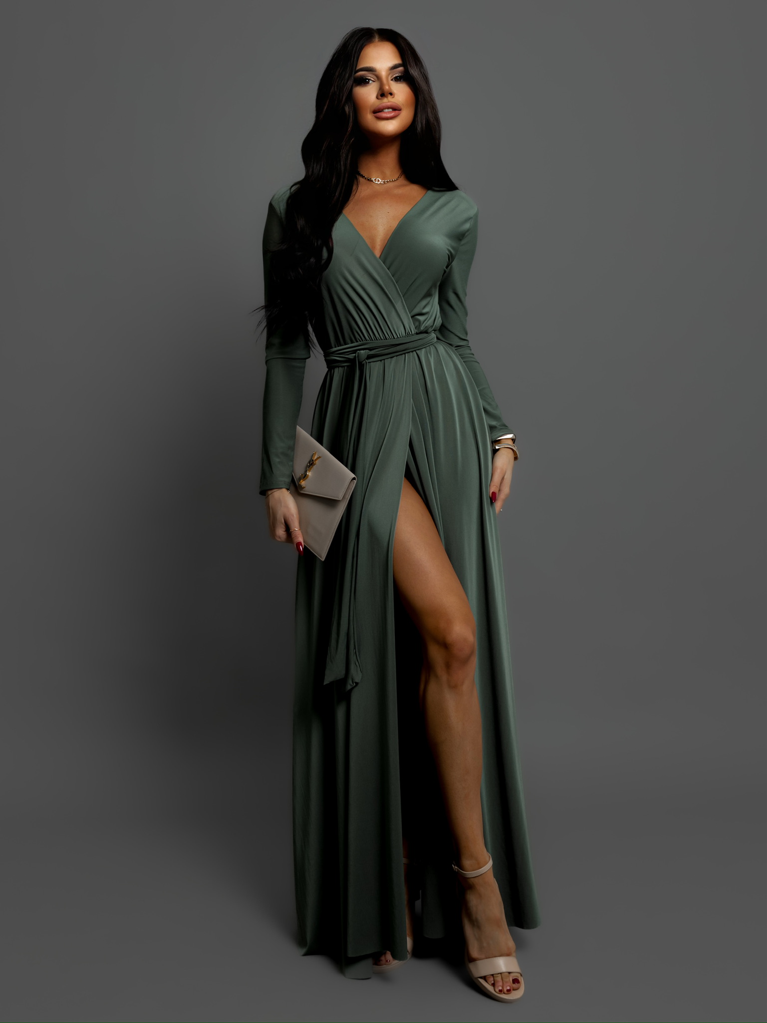 Khaki dlouhé elegantní šaty JOELLIAN Velikost: ONESIZE - Obrázek 2