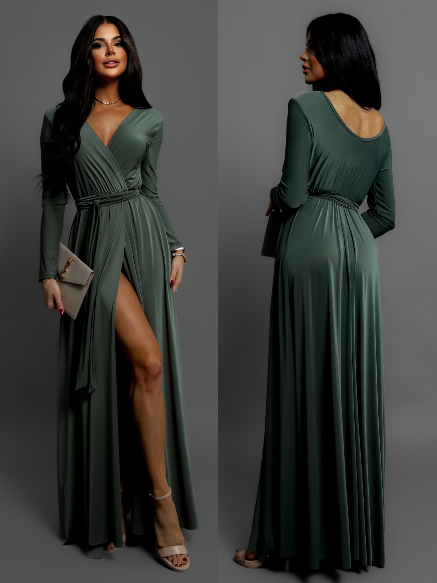 Khaki dlouhé elegantní šaty JOELLIAN Velikost: ONESIZE