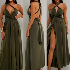 Khaki dlouhé variabilní šaty KATIE s vázáním