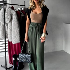 Khaki elegantní kalhoty CORAL s rozšířenými nohavicemi